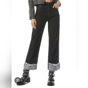 Alice + Olivia Jeans Size 30 Black Wide Leg Cropped Raw Hem Cuffed High Rise